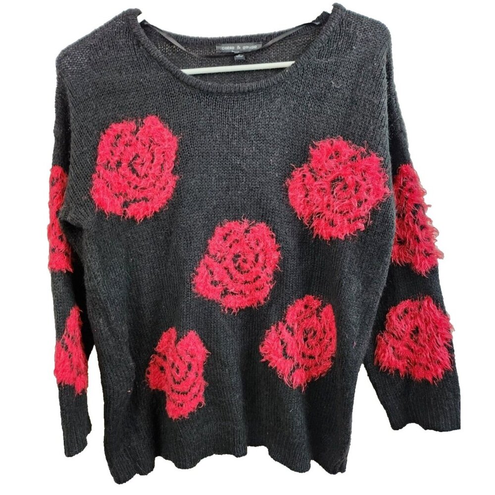 Cable & Gauge Womens Sweater Small Black Red Floral 3D Pullover Y2K Retro‎